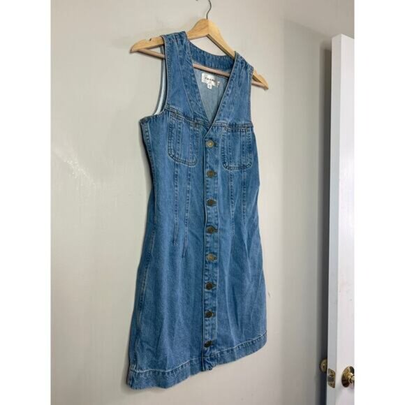 NEW Frame Sleeveless V-Neck Button Front Trucker Pocket Denim Mini Dress Blue XS - Picture 3 of 7